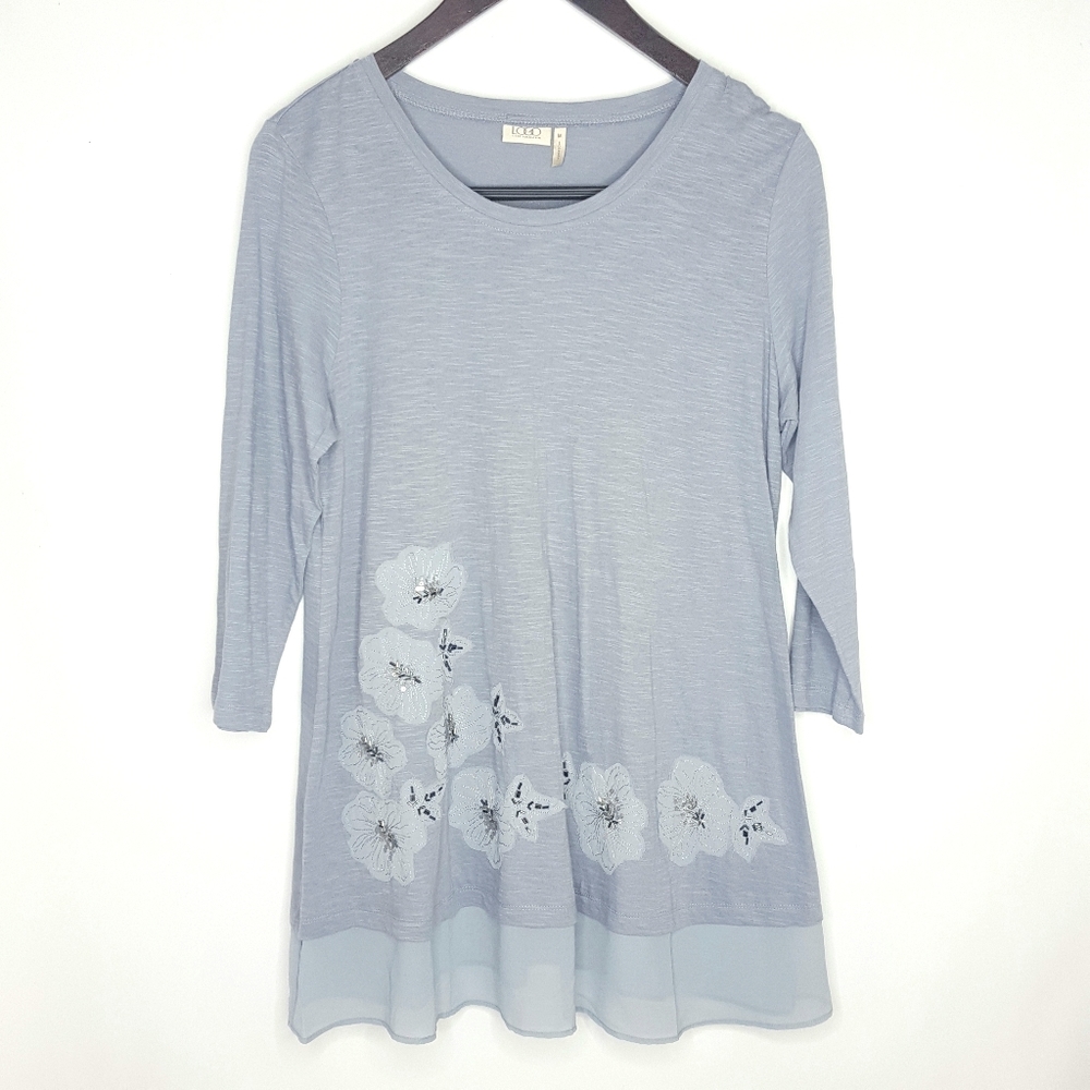LOGO Lori Goldstein Top Gray Embroidered Tunic Med